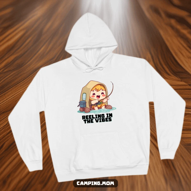 Funny Hoodie: Kawaii camping character fishing with bright eyes and a hopeful smile, staying warm.
