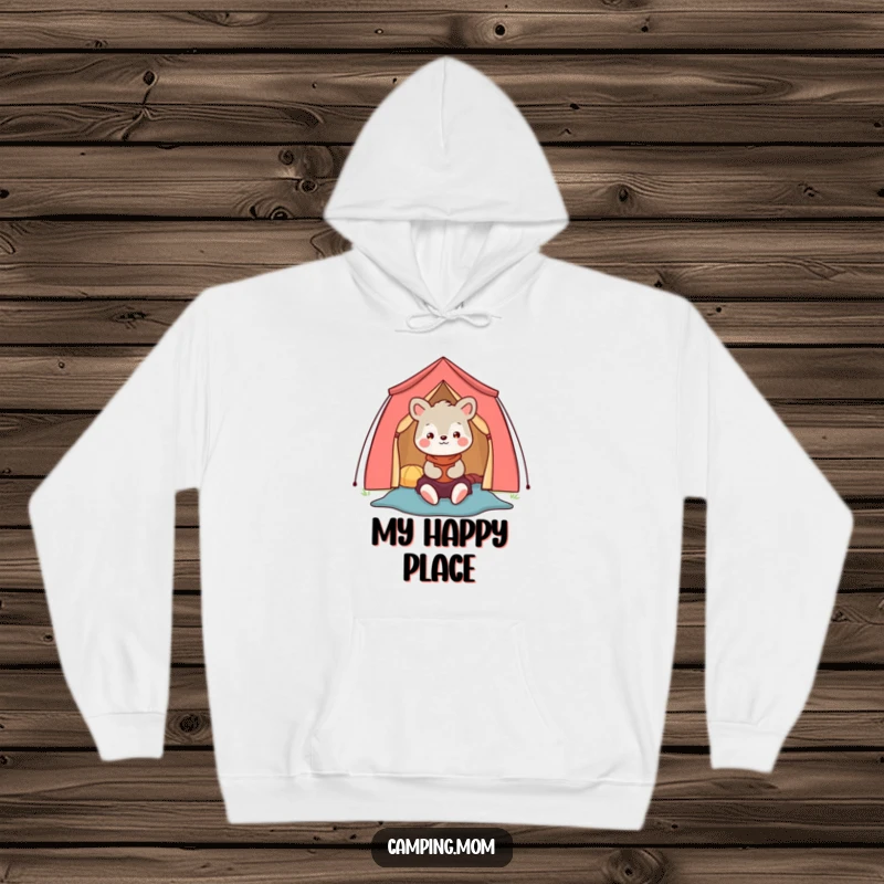Funny camping mom animal character hoodie featuring a happy mom setting up a colorful tent, perfect for warmth.