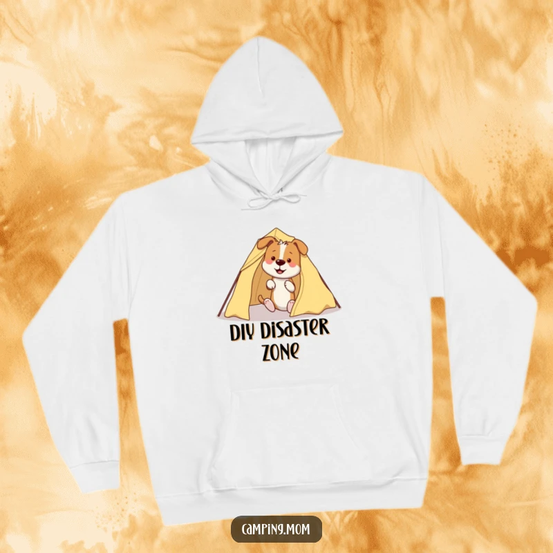 Funny Dog Hoodie: A warm hoodie with a design of a dog hilariously ensnared by tent poles while trying to set up camp.