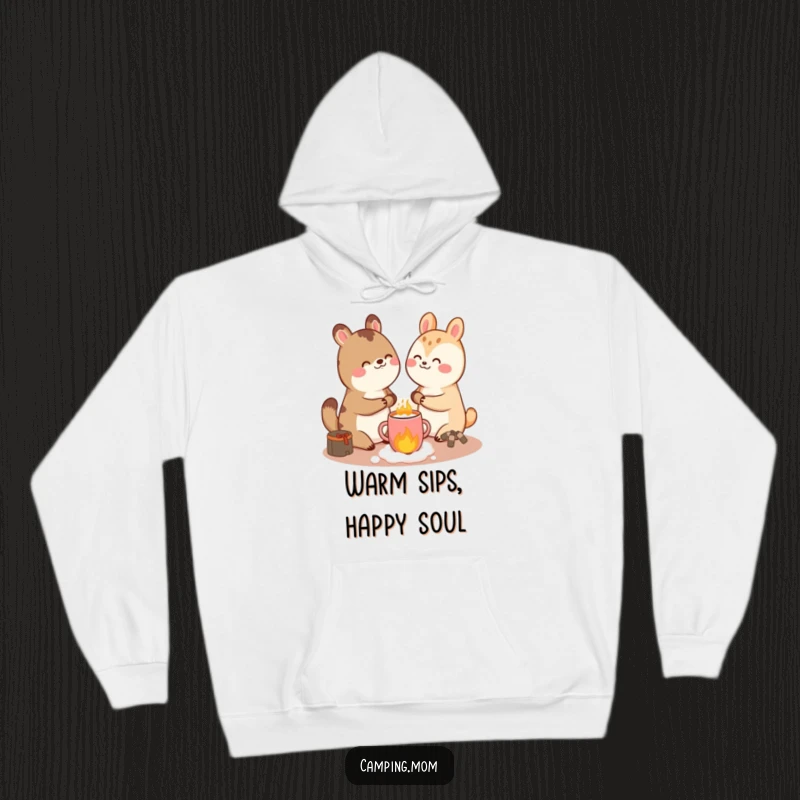 Funny giggling animal character snuggled up near a stove, enjoying a warm cup of hot cocoa with a huge smile.