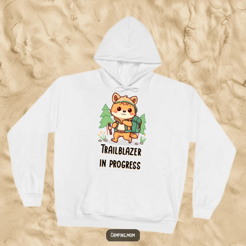 Funny camping animal character hiking with a backpack, printed on a warm and cozy hoodie.
