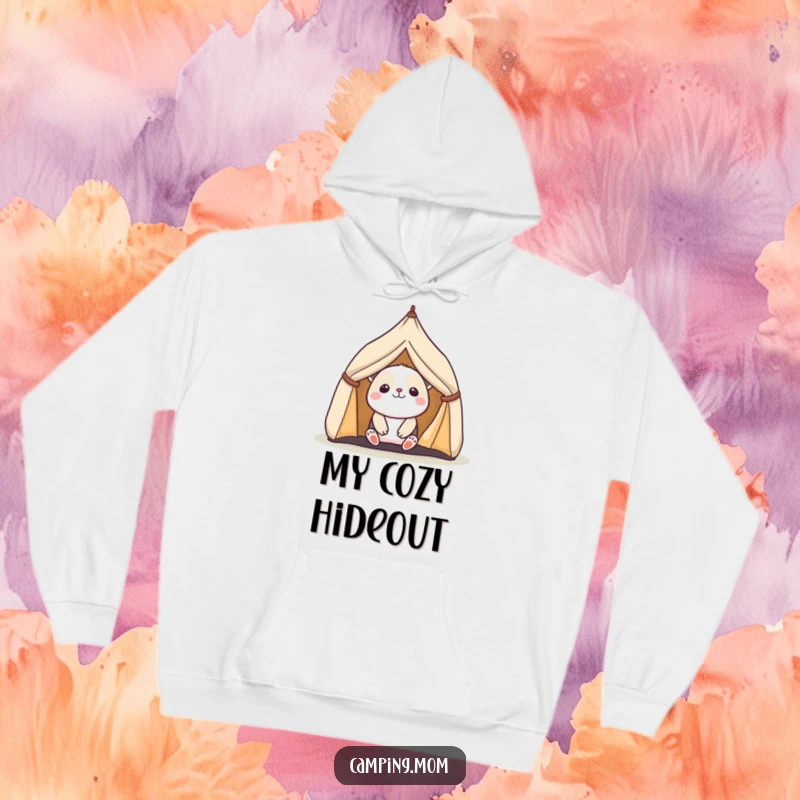 Funny and cozy hoodie showcasing a kawaii camping animal peeking with delight from a miniature tent, perfect for outdoor lovers.