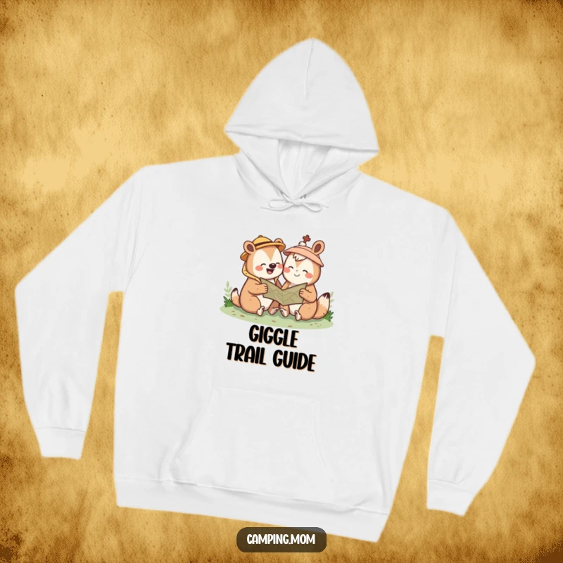 Funny Kawaii camping animal hoodie featuring a cute creature giggling while consulting a map. Ideal outdoor humor gift.