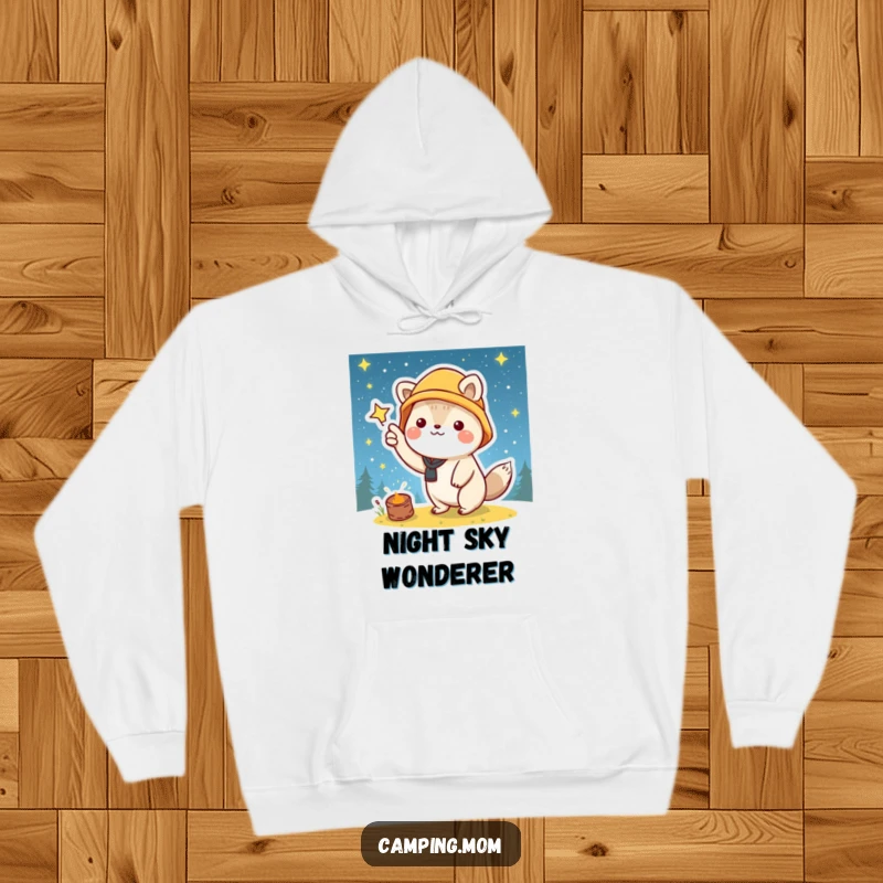 Funny and warm hoodie with a kawaii camping animal pointing at a beautiful starry night sky, ideal for cozy nights.
