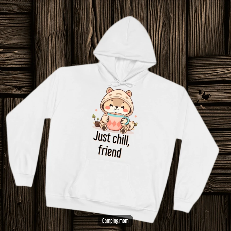 Funny Kawaii Camping Animal Hoodie featuring a smiling creature offering delicious hot cocoa, perfect for staying warm outdoors or indoors.