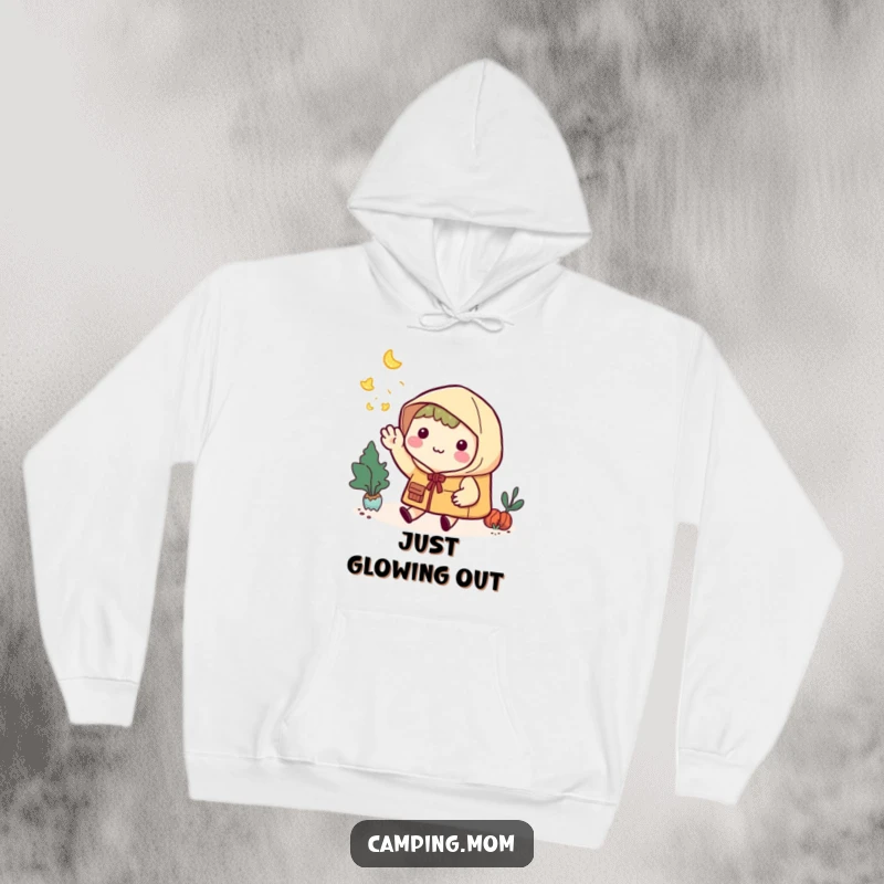 Funny Hoodie: Kawaii camping character with a gentle smile waving goodbye to shimmering fireflies.
