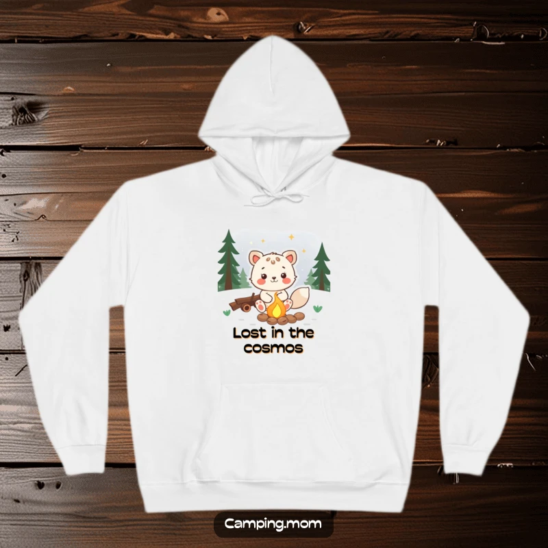 Funny animal hoodie featuring a joyful character sitting by a campfire, looking up at the stars, perfect for cozy nights.