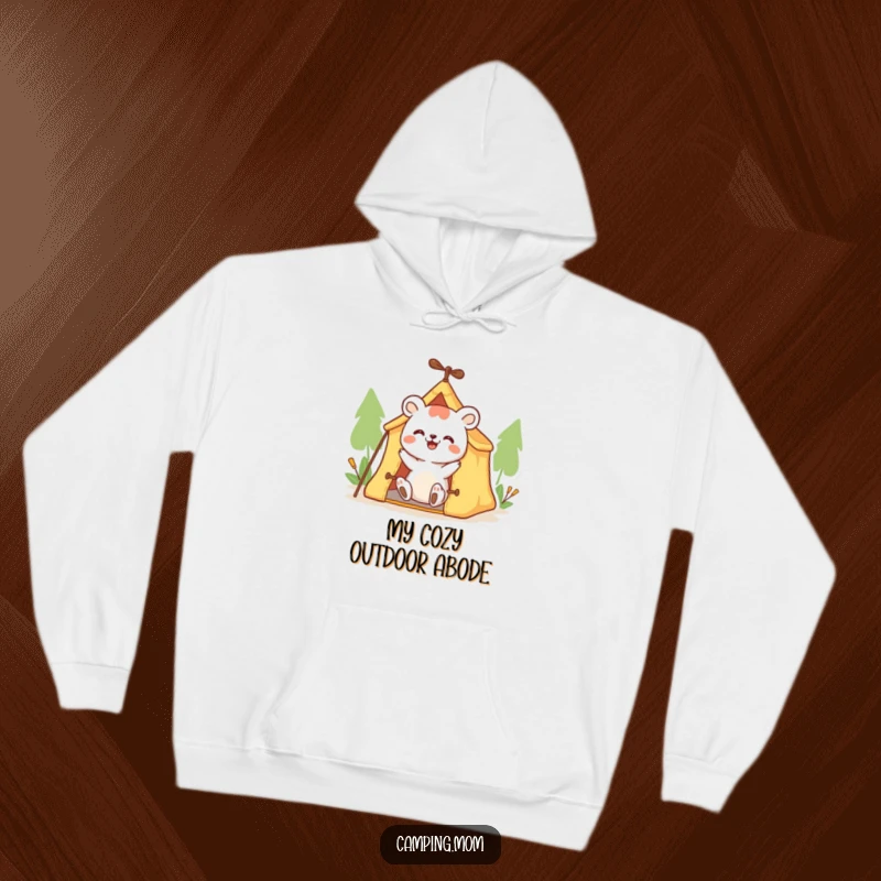 Funny animal hoodie showing a happy character enthusiastically pitching a small tent, perfect for chilly camping nights.
