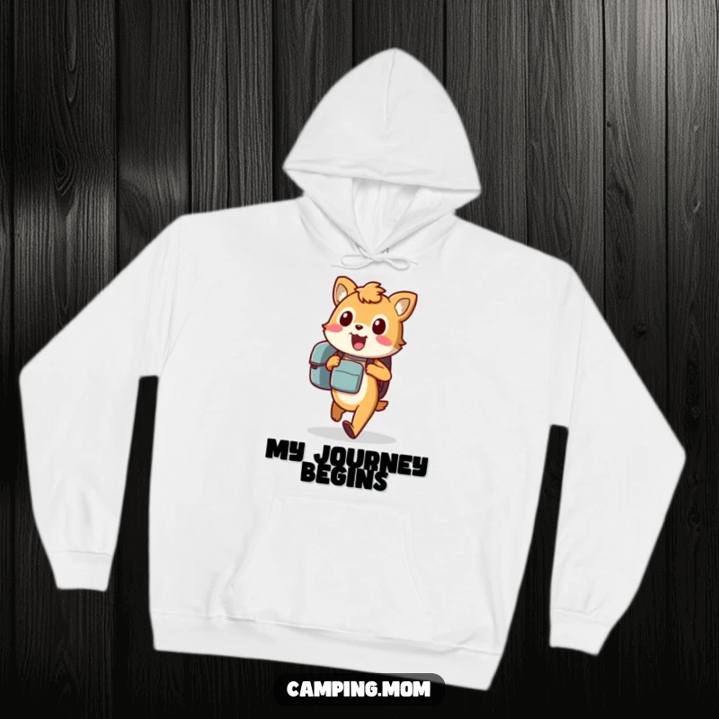 Funny animal hoodie showing an excited character carrying a backpack, walking eagerly, perfect for travel comfort.