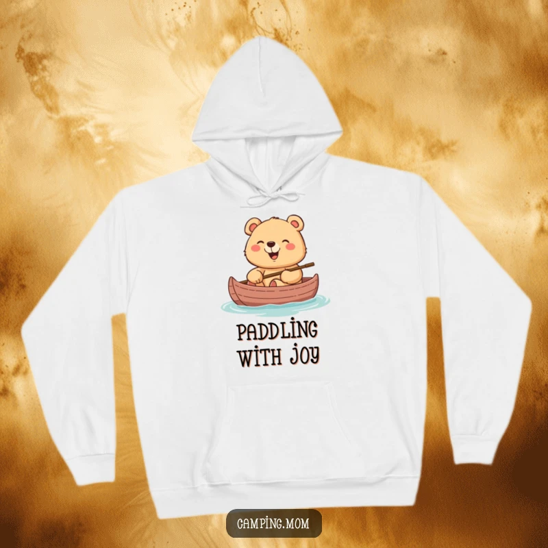 Funny hoodie depicting a cheerful mama bear giggling delightfully while sitting peacefully in a canoe.