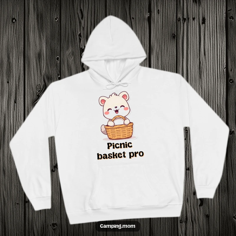 Funny animal character beaming with happiness while unpacking a picnic basket, featured on a comfortable and warm hoodie.