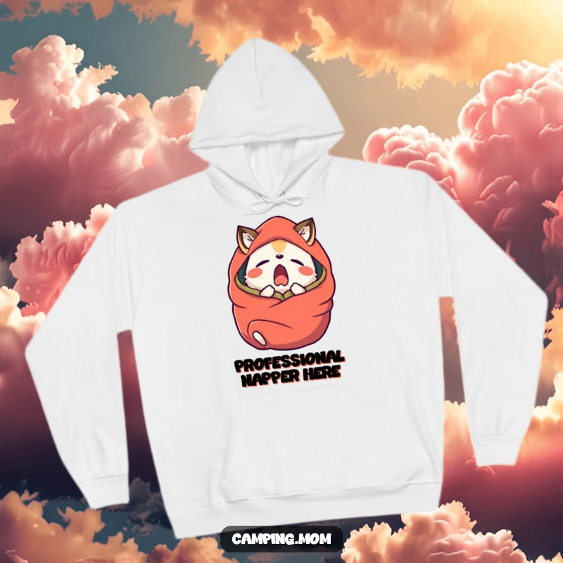 Funny camping animal character yawning widely, wrapped in a sleeping bag, printed on a warm hoodie.