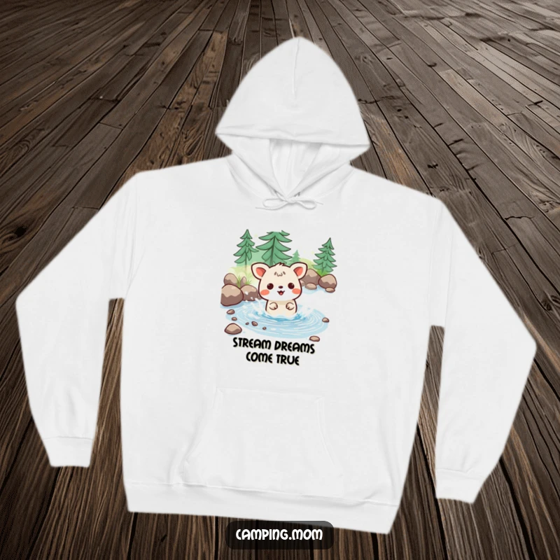 Funny and warm hoodie featuring a kawaii camping animal joyfully splashing in a tiny stream, perfect for water lovers.