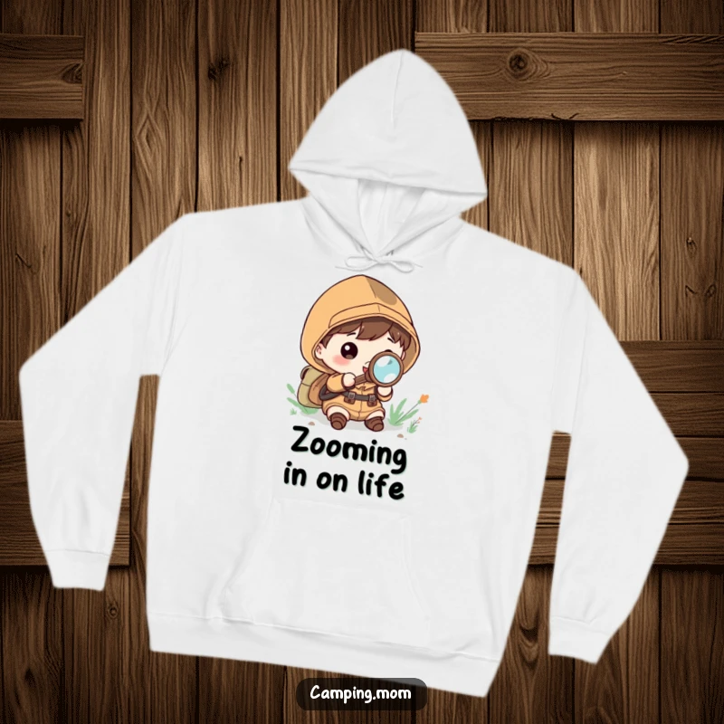 Funny Hoodie: Kawaii camping character holding a magnifying glass, exploring with a look of pure wonder.