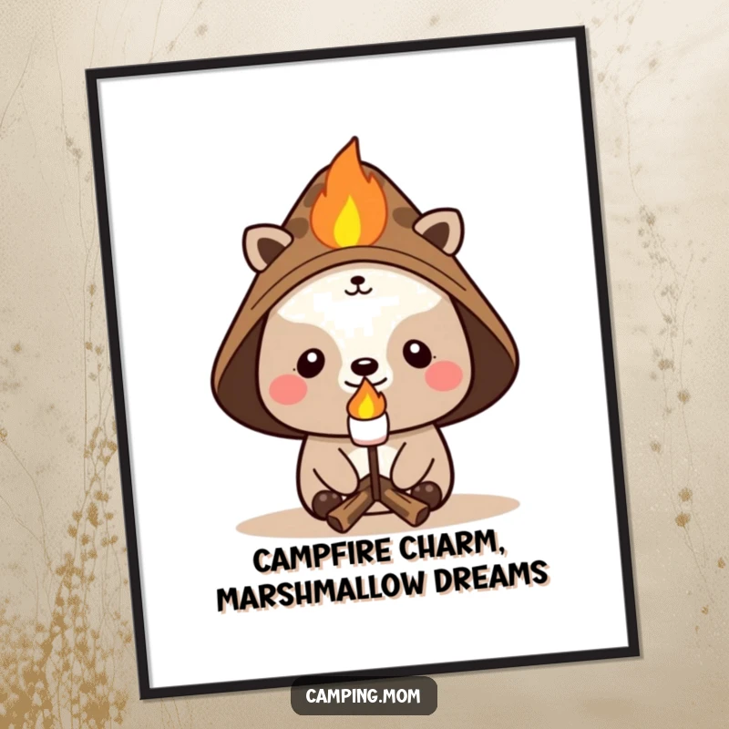 Funny Free Printable Wall Art: Cheerful animal character in campfire hat roasting a marshmallow, creating cozy decor.