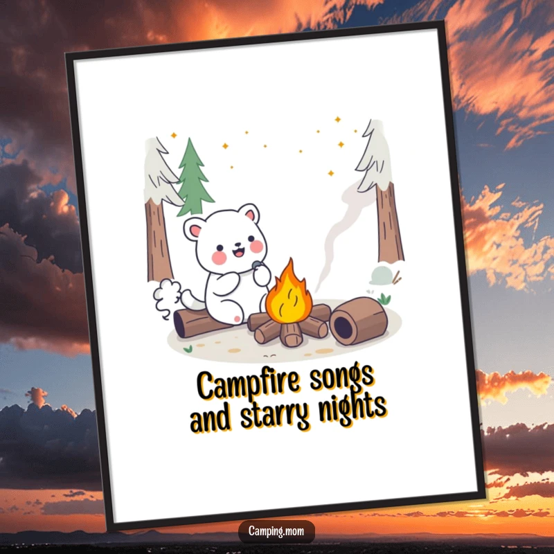 Funny Free Printable Wall Art: A kawaii animal sings joyfully beside a bright, inviting campfire, creating a cozy scene.