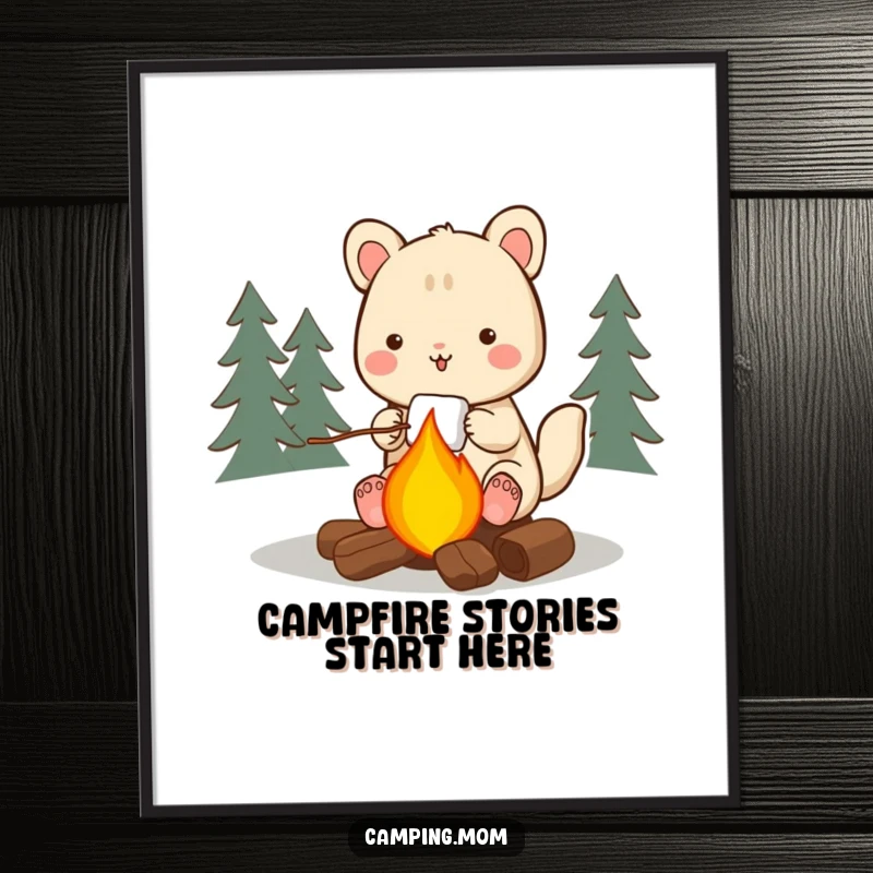 Funny Free Printable Wall Art: a happy camping animal character cheerfully roasting a marshmallow over a glowing campfire.