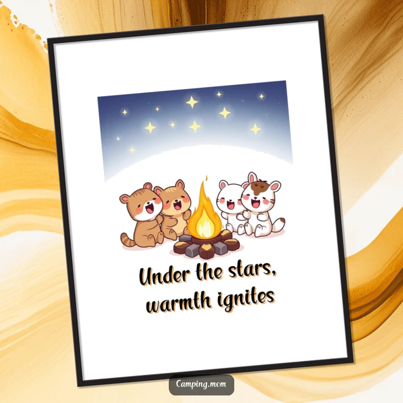 Funny Free Printable Wall Art: Animal characters huddling around a glowing campfire under stars, creating magical decor.
