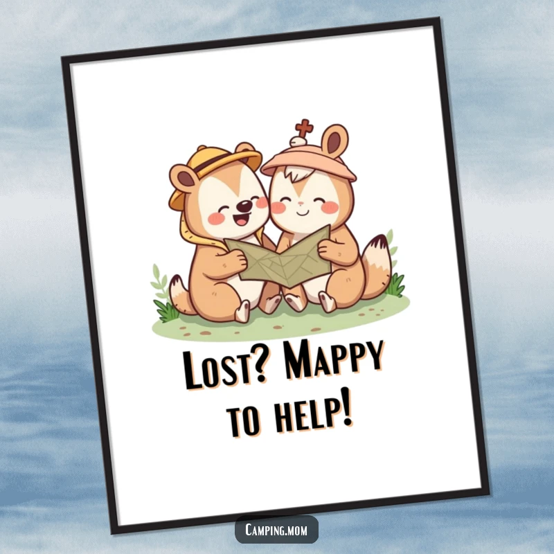 Funny Free Printable Wall Art: A cute kawaii camping animal shares a giggle while looking at a map, ready for adventure.