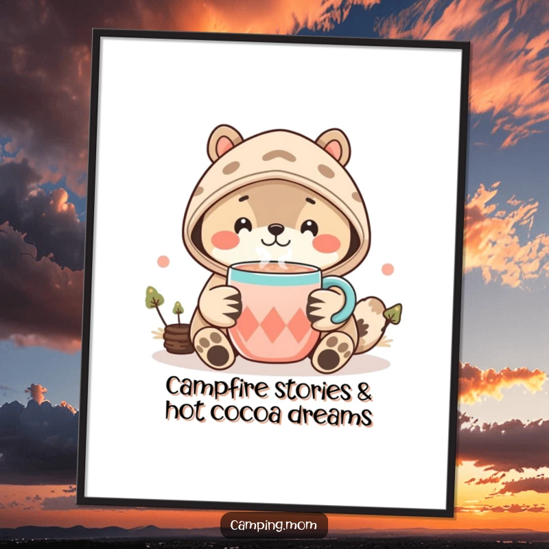 Funny Free Printable Wall Art: Kawaii animal offers a steaming cup of cocoa, radiating cozy and cheerful vibes.