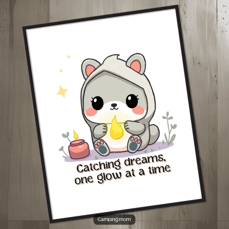 Funny Free Printable Wall Art: A kawaii animal looks up with wide-eyed wonder at a single, softly glowing firefly.
