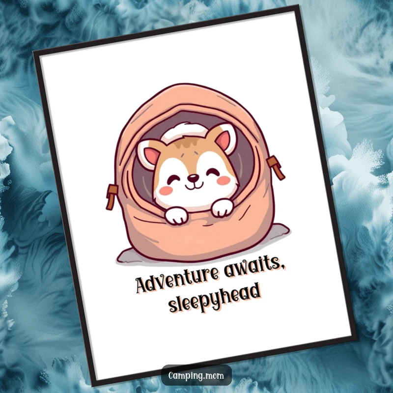 Funny Free Printable Wall Art: a cheerful camping animal character peeking out from a sleeping bag with a wide, happy grin.
