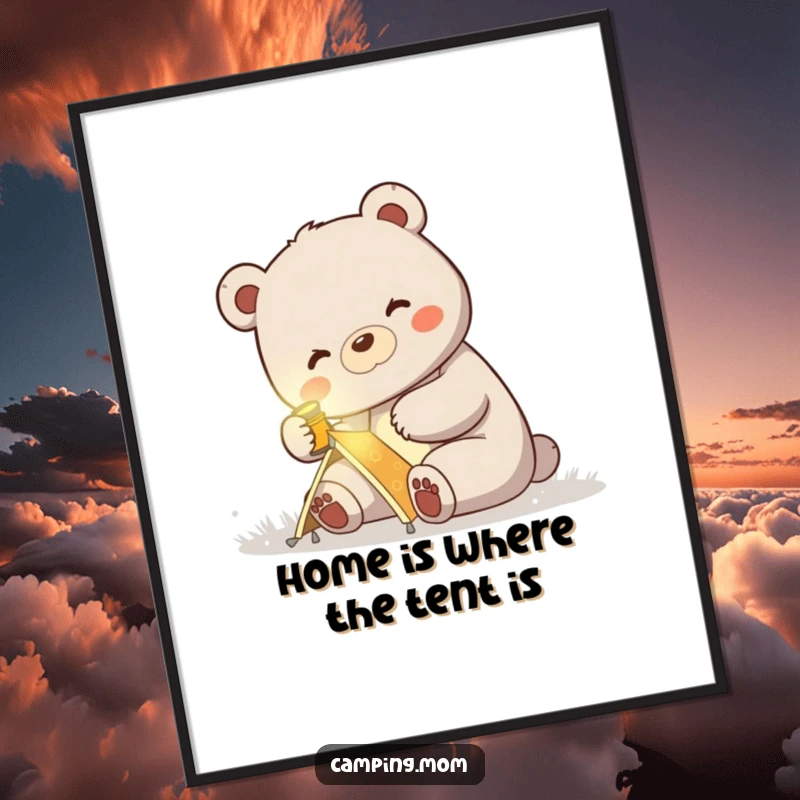 Funny Free Printable Wall Art: Mama bear wearing a headlamp happily setting up a small tent, ready for adventure.