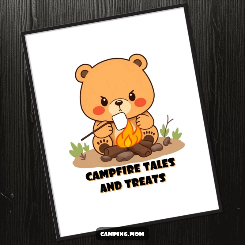 Funny Free Printable Wall Art: Mama bear with a determined look, roasting a marshmallow over a campfire.