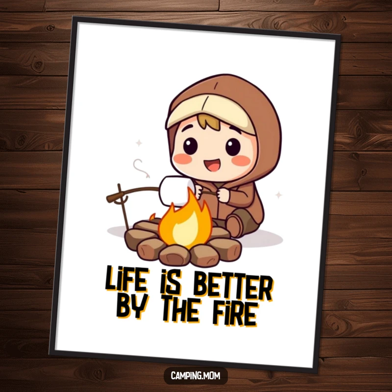 Funny Free Printable Wall Art of a smiling camper enjoying a perfectly roasted marshmallow over a warm, glowing campfire.