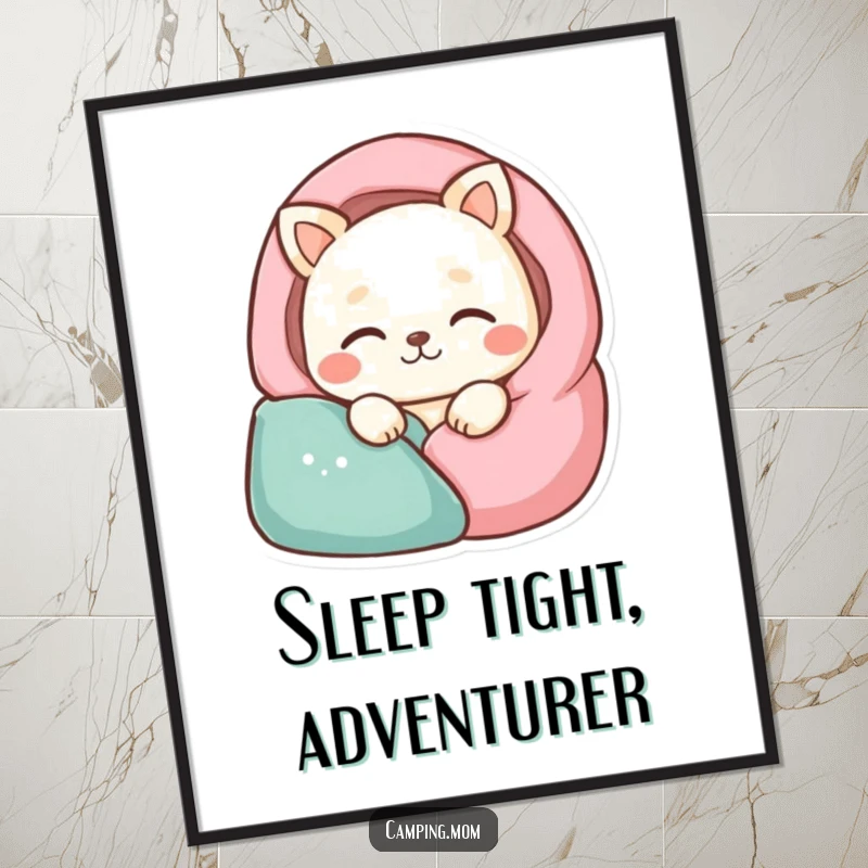 Funny Free Printable Wall Art: Contented animal character sleeping peacefully in a stylized sleeping bag, perfect for humorous downloadable decor.