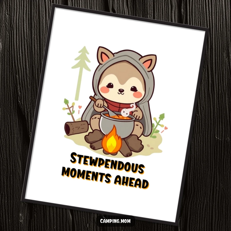 Funny Free Printable Wall Art: A camping mom animal character happily stirs a pot of savory stew over a flickering campfire.