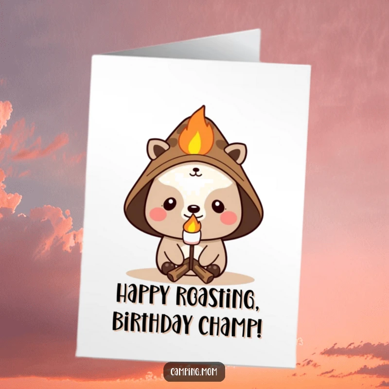 Funny Free Printable Birthday Card: Cheerful animal character in campfire hat roasting a marshmallow, celebrating a birthday.