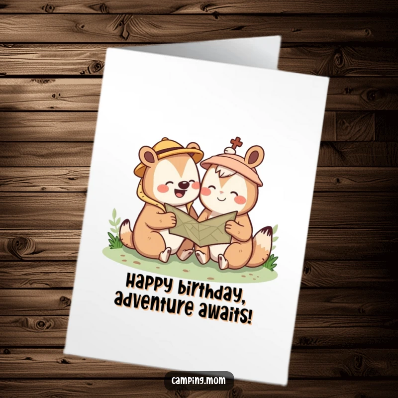 Funny Free Printable Birthday Card: A kawaii camping animal shares a giggle while studying a map for a birthday adventure.
