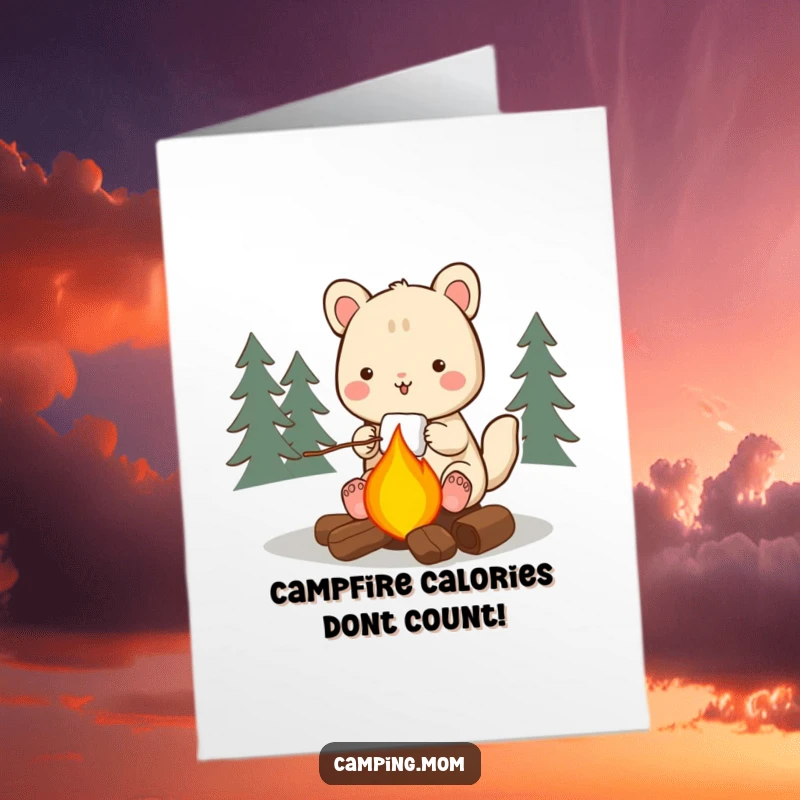 Funny Free Printable Birthday Card featuring a happy camping animal character joyfully roasting a marshmallow over a glowing campfire.