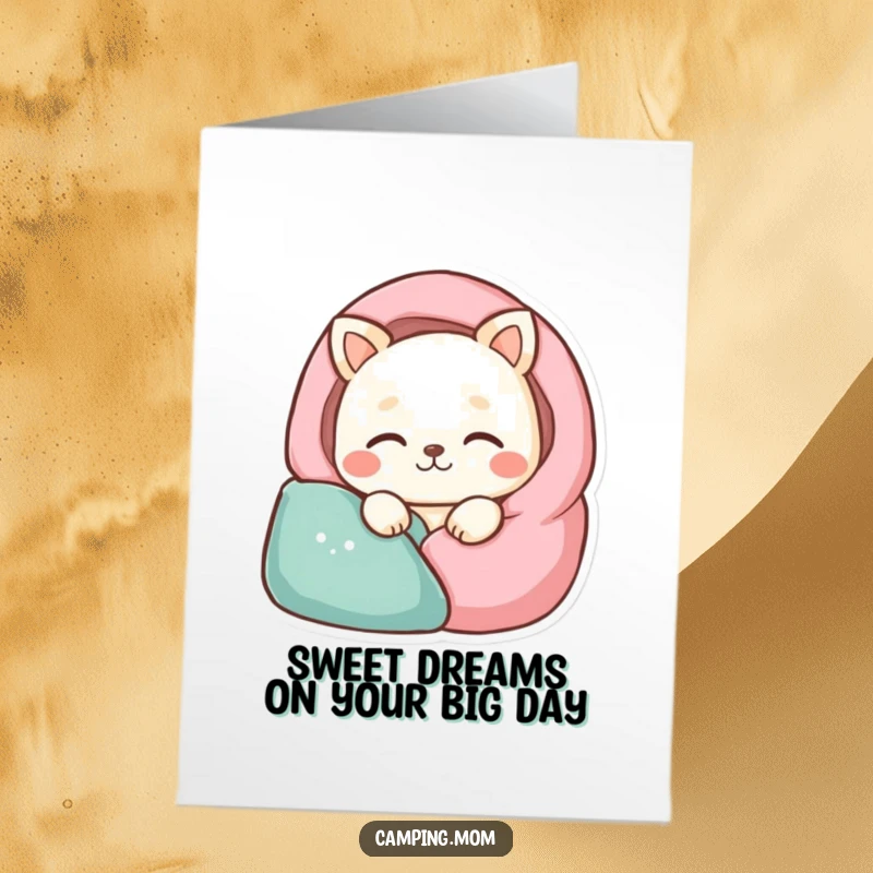 Funny Free Printable Birthday Card: Contented animal character sleeping peacefully in a stylized sleeping bag, perfect for a downloadable gift.