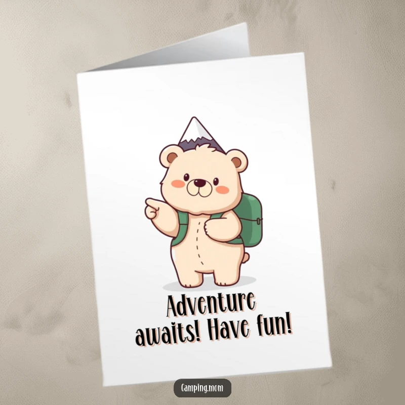 Funny Free Printable Birthday Card: Fluffy mama bear with backpack excitedly points to mountain peak, ready for birthday adventure.