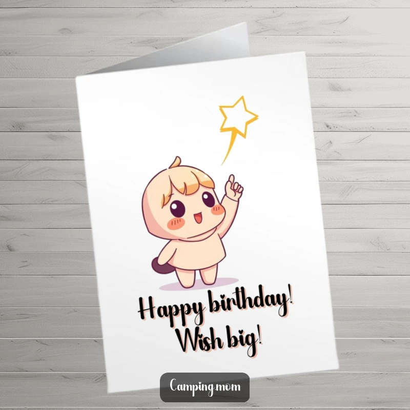 Funny Free Printable Birthday Card: Character points at a shooting star, celebrating your birthday wishes coming true.