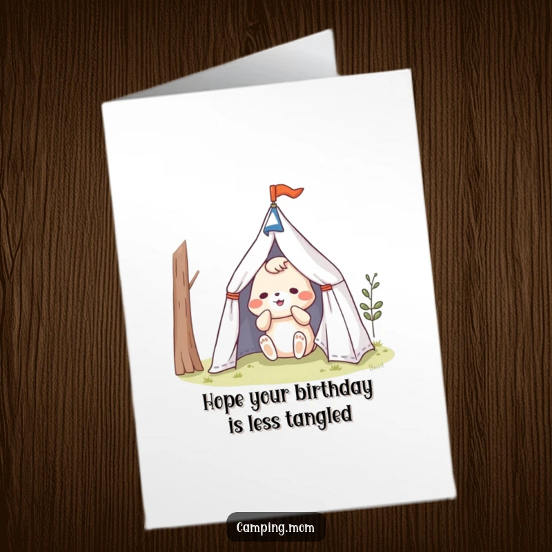 Funny Free Printable Birthday Card: Playful animal character struggling comically to set up a small tent, perfect for a downloadable gift.