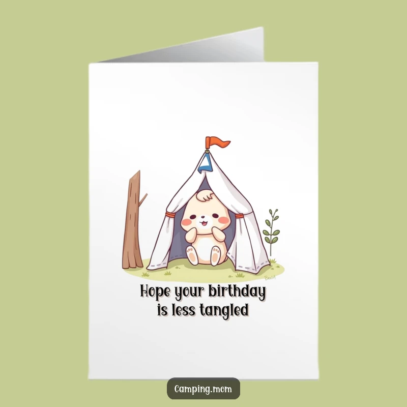 Free Printable Birthday Card: Funny Camping Animal Tent Struggle Design for a Downloadable Gift