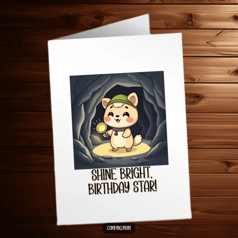 Funny Free Printable Birthday Card: a giggling camping animal character with a flashlight exploring a mysterious dark cave.