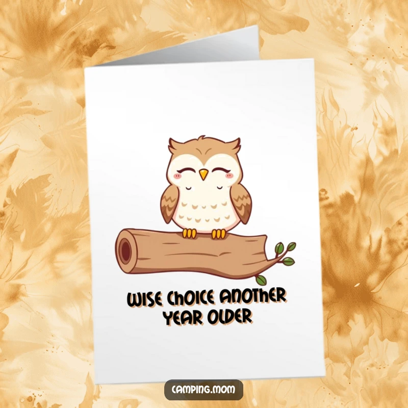 Funny Free Printable Birthday Card featuring a content owl hooting happily with closed eyes on a log, spreading joy.