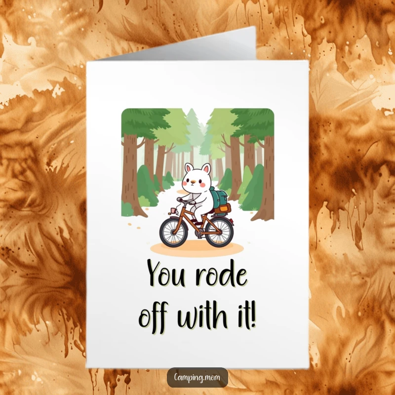 Funny Free Printable Congratulations Card: a playful camping animal character cycling with excitement down a forest path.