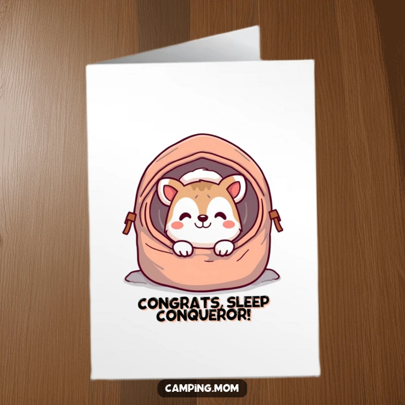 Funny Free Printable Congratulations Card: a cheerful camping animal character peeking out from a sleeping bag with a triumphant grin.