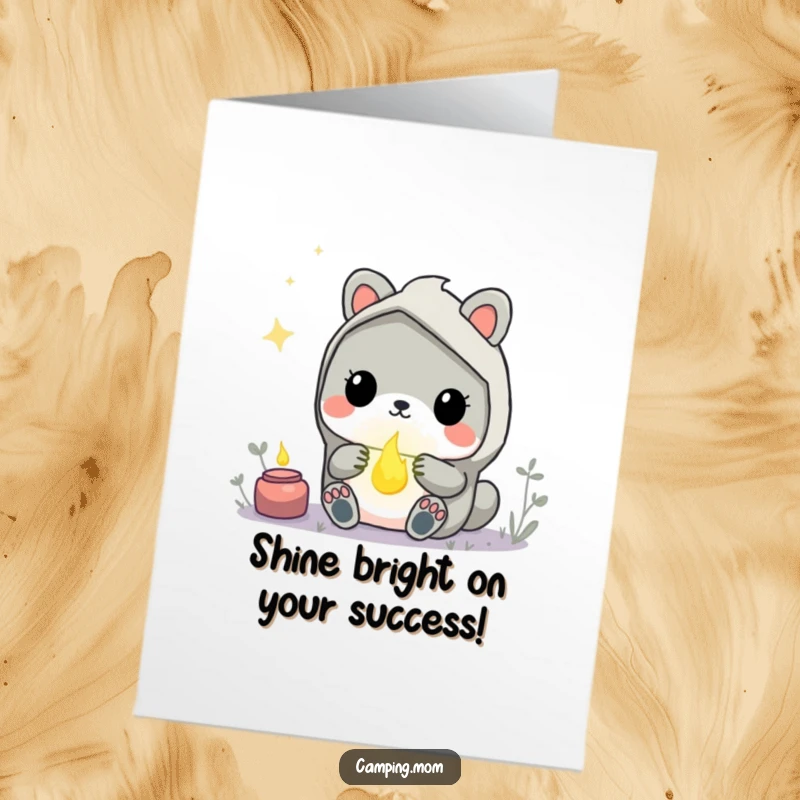 Funny Free Printable Congrats Card: Kawaii animal looks up in wonder at a magical, glowing firefly. A symbol of achievement.