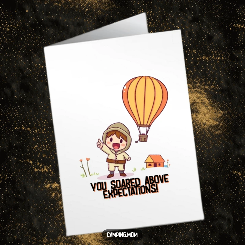 Funny Free Printable Congratulations Card: A whimsical camper excitedly points at a hot air balloon, symbolizing reaching new heights.
