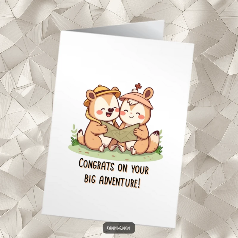 Funny Free Printable Congratulations Card: A cute kawaii camping animal giggles over a map, celebrating your successful journey.