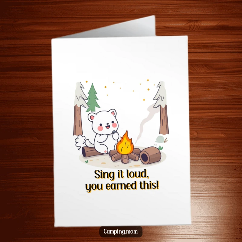 Funny Free Printable Congrats Card: A kawaii animal happily belts out a tune beside a blazing, cheerful campfire.