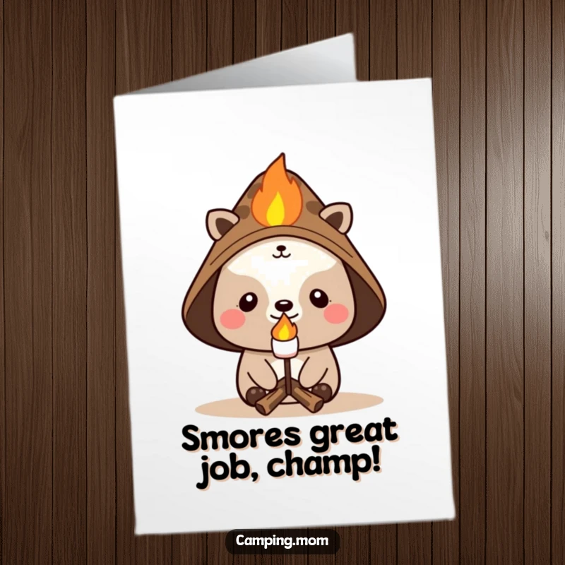 Funny Free Printable Congrats Card: Cheerful animal character in campfire hat roasting a marshmallow, sending congratulations.