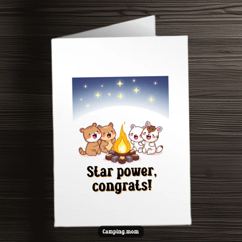 Funny Free Printable Congrats Card: Animal characters huddling around a glowing campfire under stars, sending congratulations.