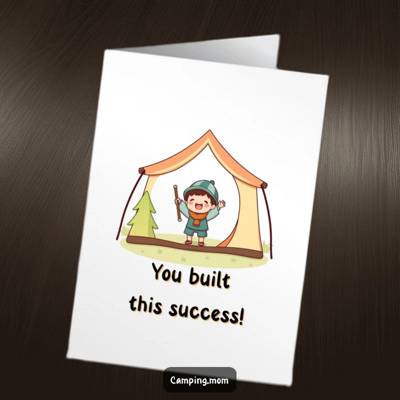 Funny Free Printable Congratulations Card: A happy camper is comically entangled with oversized tent poles, celebrating a big achievement.